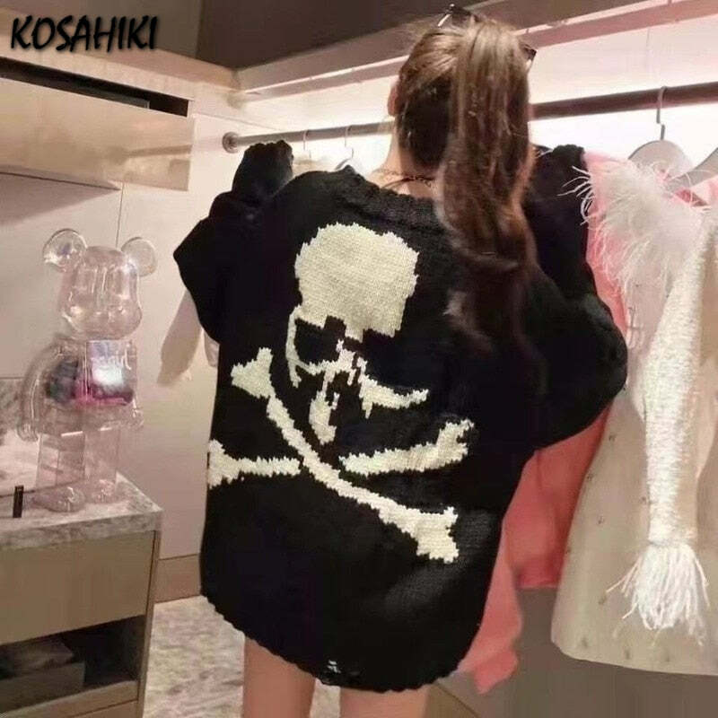 Gothic Skull Print Black Knitted Sweater - Y2K Grunge, 90s Fashion, Retro Style, Dark Y2K Outfit
