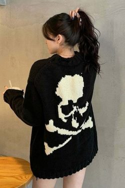 Gothic Skull Print Black Knitted Sweater - Y2K Grunge, 90s Fashion, Retro Style, Dark Y2K Outfit