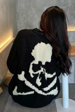 Gothic Skull Print Black Knitted Sweater - Y2K Grunge, 90s Fashion, Retro Style, Dark Y2K Outfit