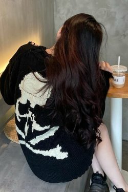 Gothic Skull Print Black Knitted Sweater - Y2K Grunge, 90s Fashion, Retro Style, Dark Y2K Outfit