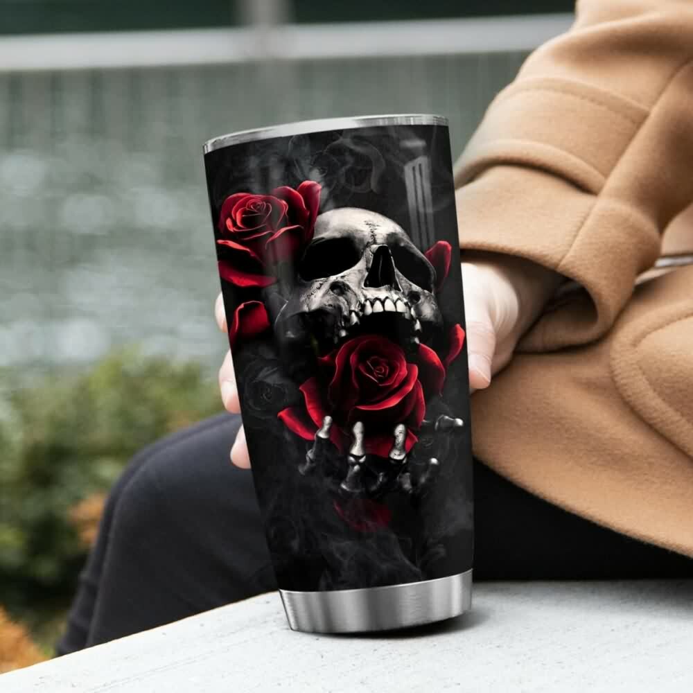 Gothic Skull Rose Stainless Steel Tumbler - Y2K Grunge, 90s Retro, Pastel Goth Fashion