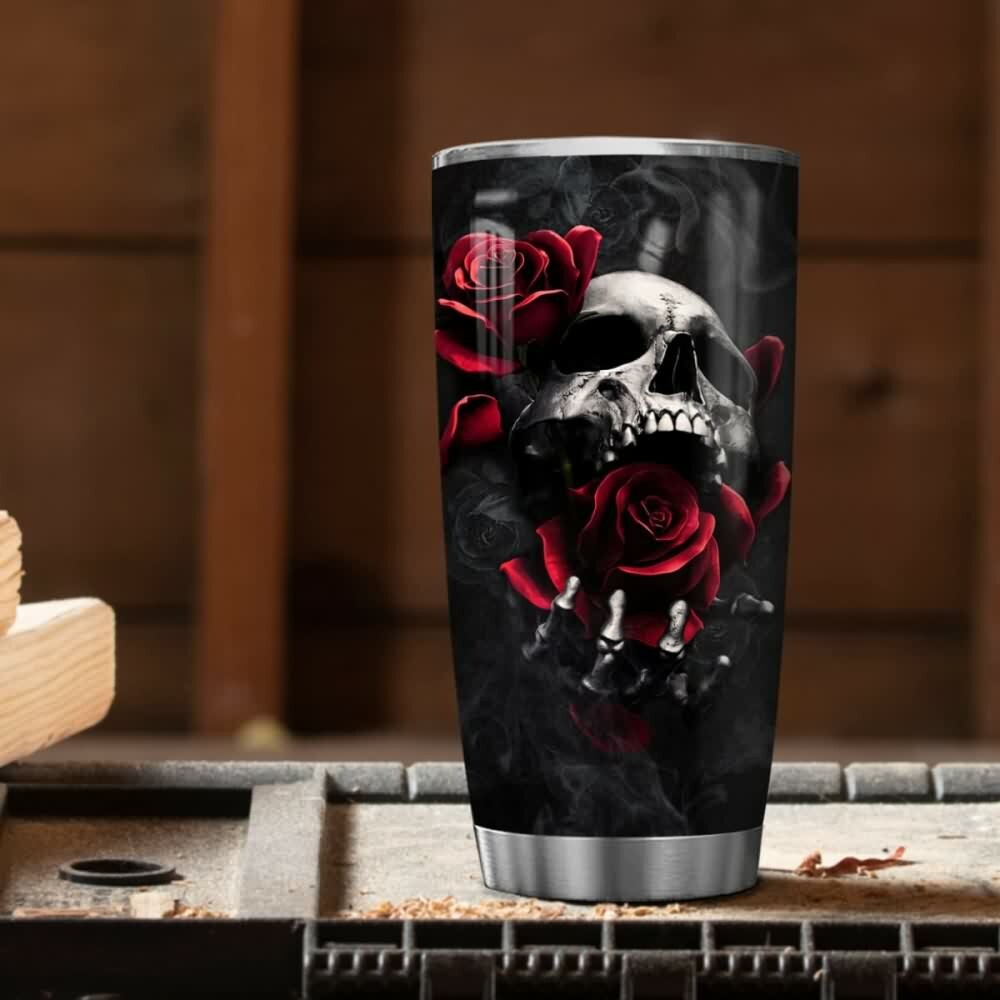 Gothic Skull Rose Stainless Steel Tumbler - Y2K Grunge, 90s Retro, Pastel Goth Fashion