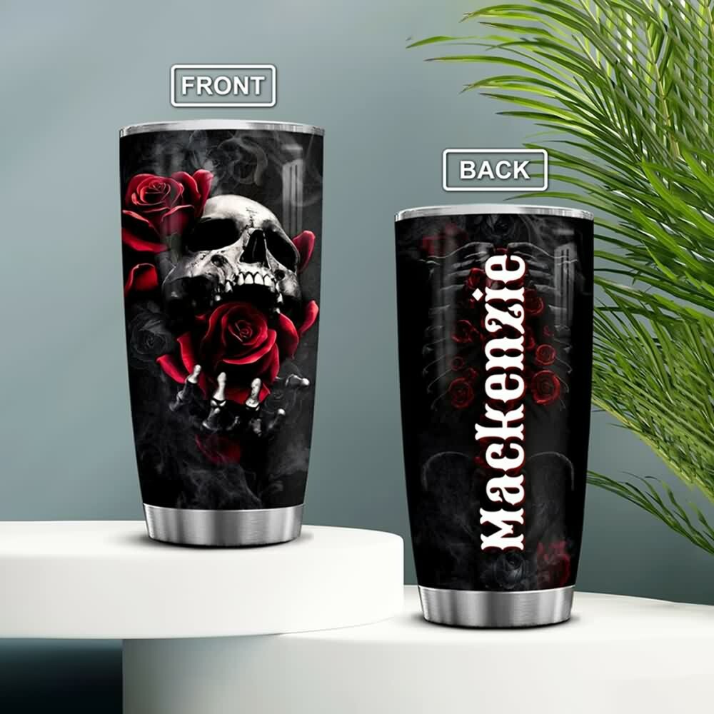 Gothic Skull Rose Stainless Steel Tumbler - Y2K Grunge, 90s Retro, Pastel Goth Fashion