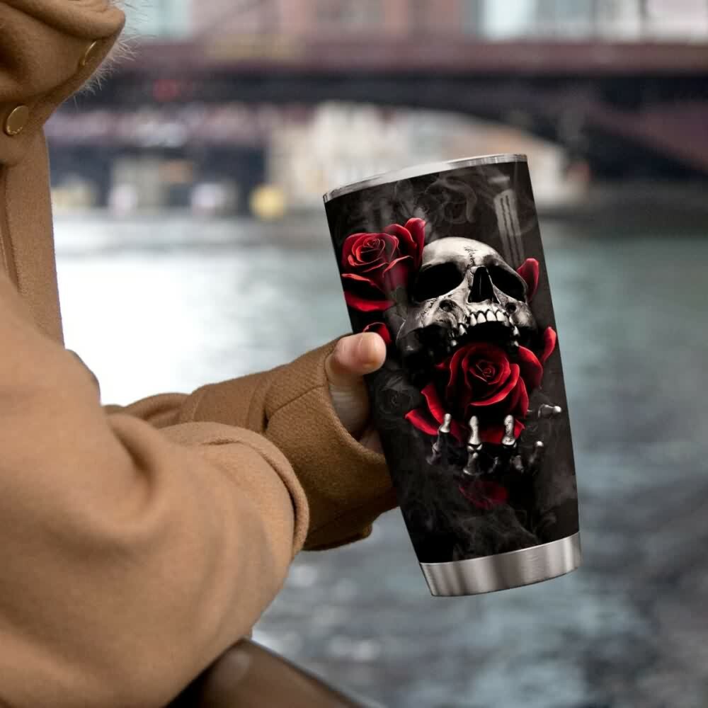 Gothic Skull Rose Stainless Steel Tumbler - Y2K Grunge, 90s Retro, Pastel Goth Fashion