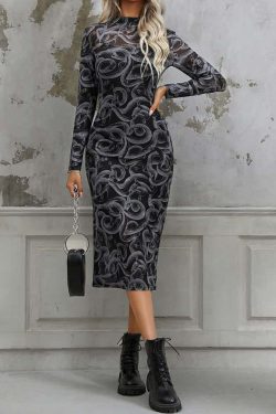 Gothic Snake Sheer Long Sleeve Midi Dress - Y2K Grunge, 90s Fashion, Retro Summer Outfit