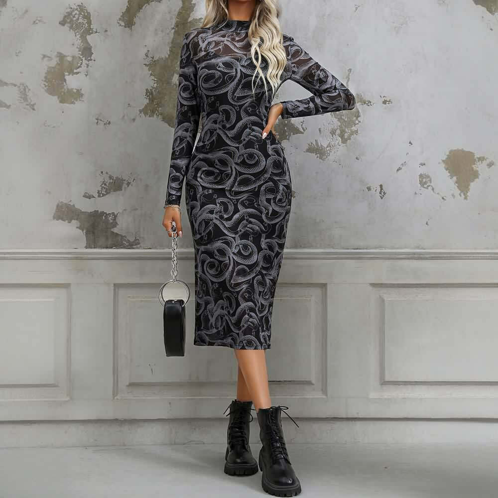 Gothic Snake Sheer Long Sleeve Midi Dress - Y2K Grunge, 90s Fashion, Retro Summer Outfit