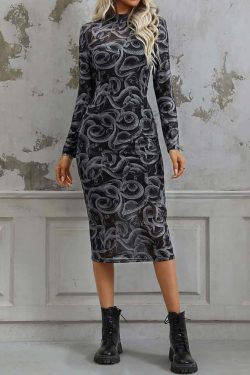 Gothic Snake Sheer Long Sleeve Midi Dress - Y2K Grunge, 90s Fashion, Retro Summer Outfit