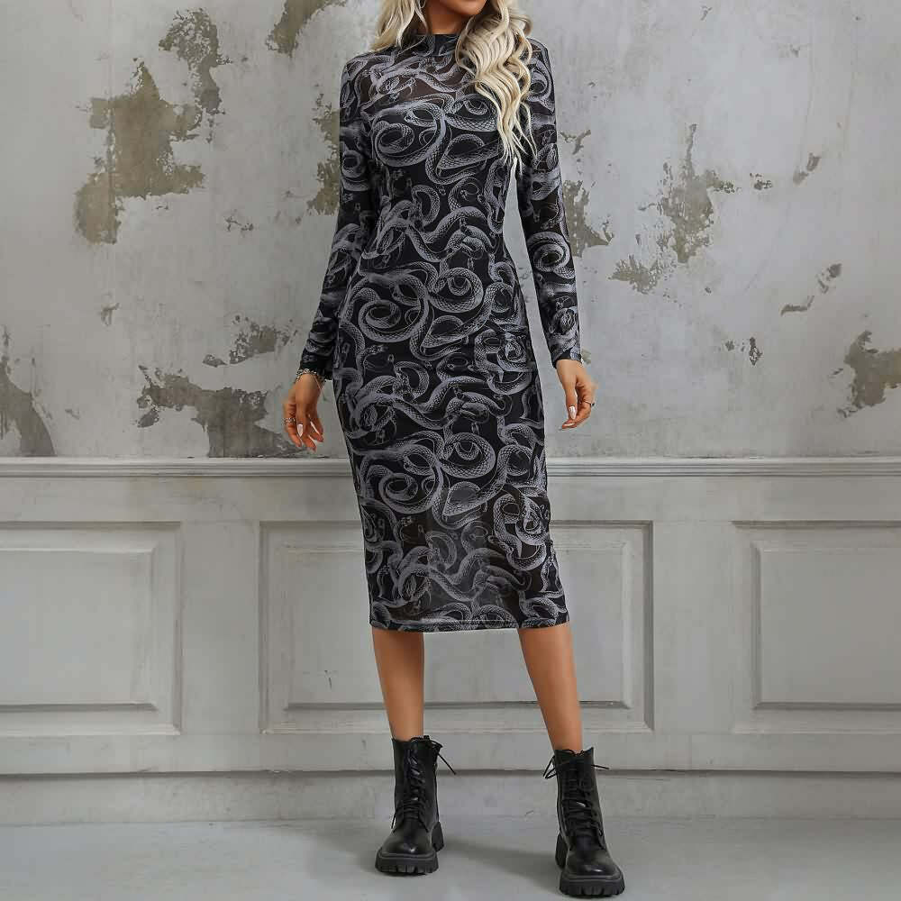Gothic Snake Sheer Long Sleeve Midi Dress - Y2K Grunge, 90s Fashion, Retro Summer Outfit