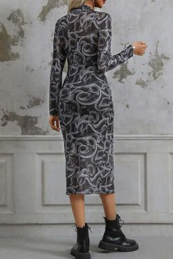 Gothic Snake Sheer Long Sleeve Midi Dress - Y2K Grunge, 90s Fashion, Retro Summer Outfit