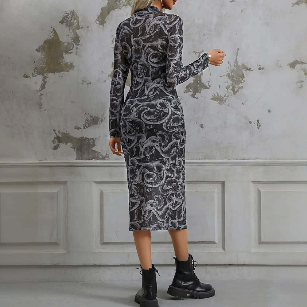 Gothic Snake Sheer Long Sleeve Midi Dress - Y2K Grunge, 90s Fashion, Retro Summer Outfit