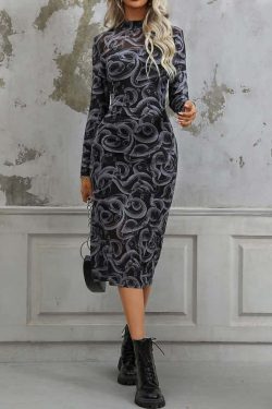 Gothic Snake Sheer Long Sleeve Midi Dress - Y2K Grunge, 90s Fashion, Retro Summer Outfit