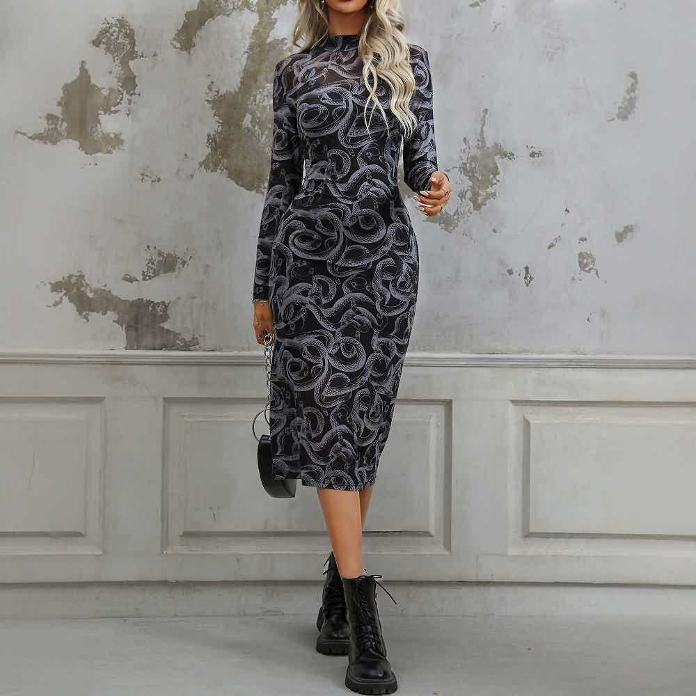 Gothic Snake Sheer Long Sleeve Midi Dress - Y2K Grunge, 90s Fashion, Retro Summer Outfit