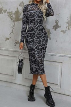Gothic Snake Sheer Long Sleeve Midi Dress - Y2K Grunge, 90s Fashion, Retro Summer Outfit