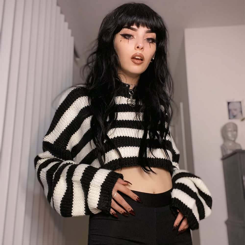 Gothic Striped Crop Sweater - Y2K Grunge, 90s Fashion, Retro Style, Pastel Goth, Y2K