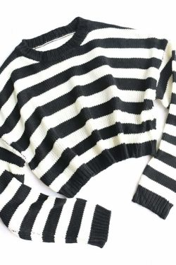 Gothic Striped Crop Sweater - Y2K Grunge, 90s Fashion, Retro Style, Pastel Goth, Y2K