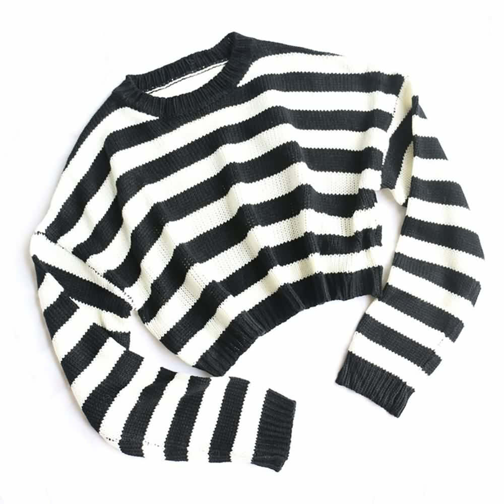 Gothic Striped Crop Sweater - Y2K Grunge, 90s Fashion, Retro Style, Pastel Goth, Y2K