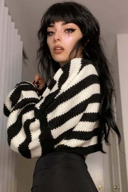 Gothic Striped Crop Sweater - Y2K Grunge, 90s Fashion, Retro Style, Pastel Goth, Y2K