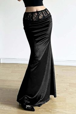Gothic Velvet High Waist Pencil Maxi Skirt - Y2K Grunge, 90s Fashion, Retro Style