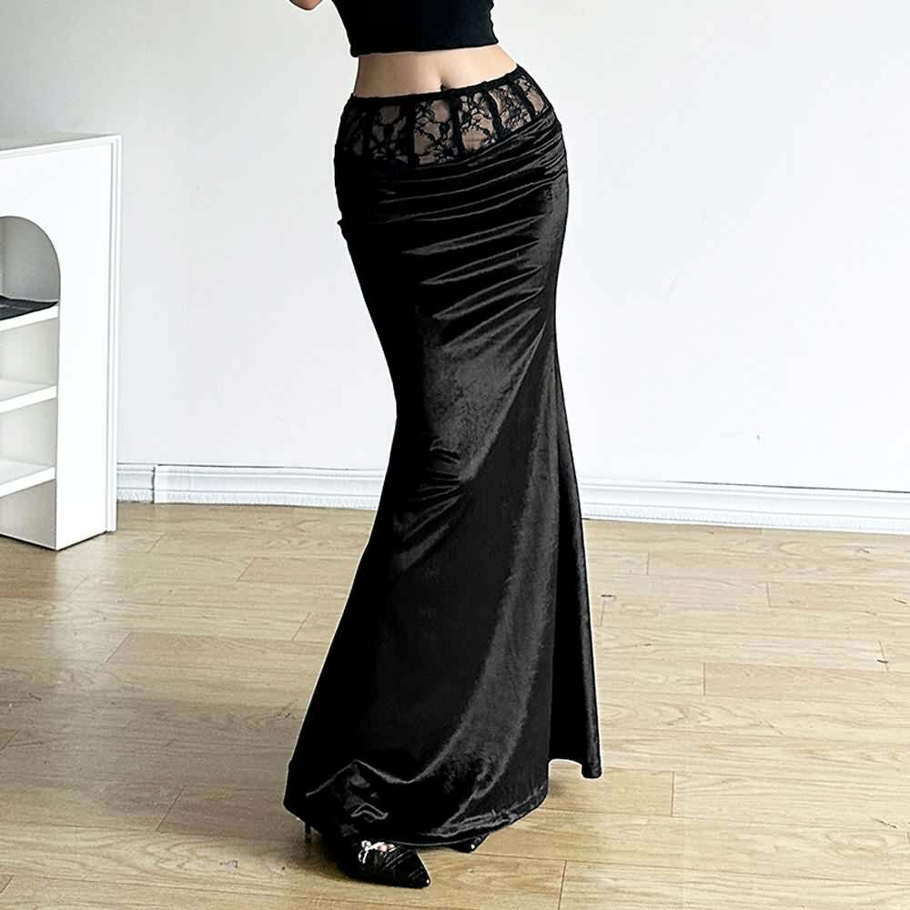 Gothic Velvet High Waist Pencil Maxi Skirt - Y2K Grunge, 90s Fashion, Retro Style