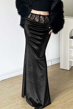 Gothic Velvet High Waist Pencil Maxi Skirt - Y2K Grunge, 90s Fashion, Retro Style