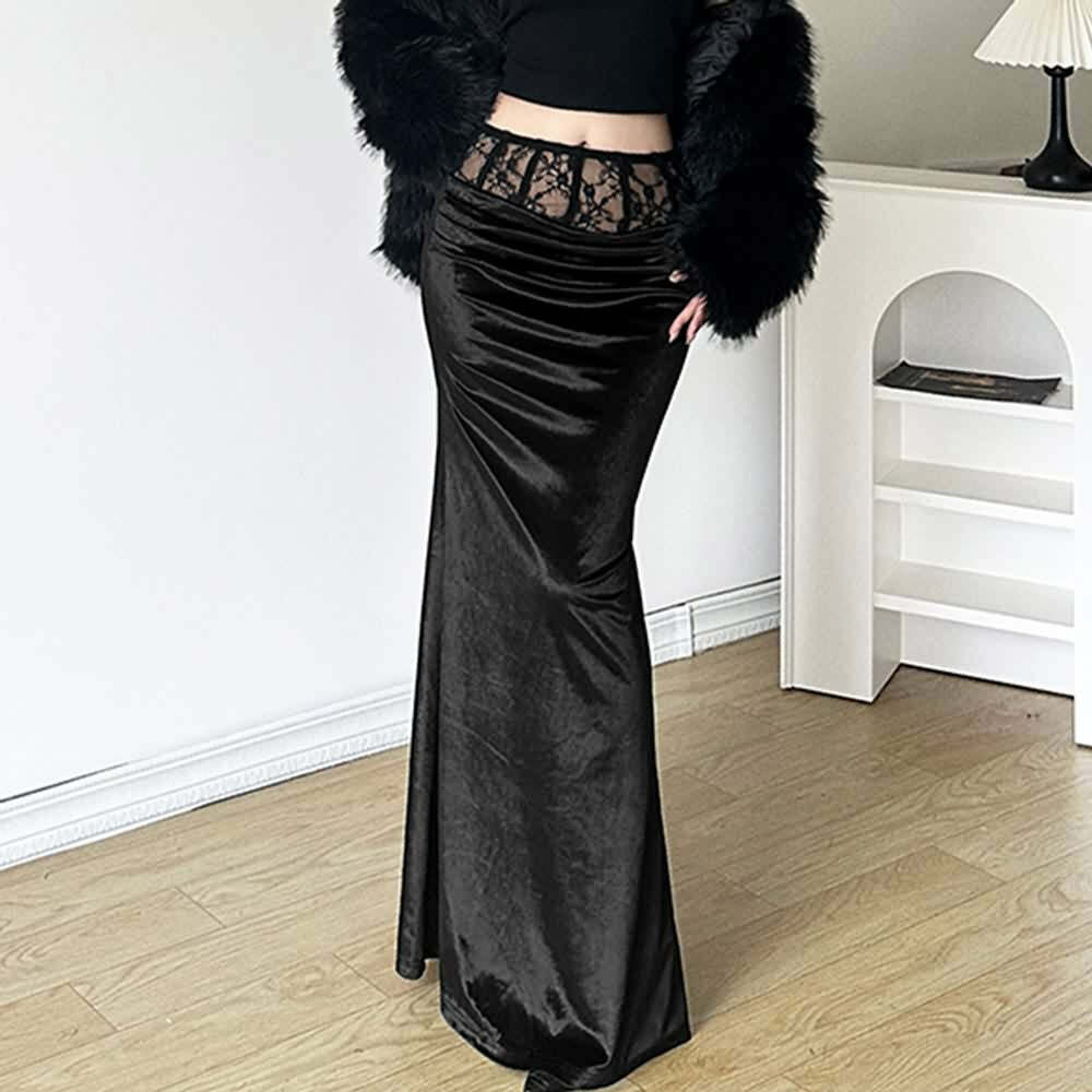 Gothic Velvet High Waist Pencil Maxi Skirt - Y2K Grunge, 90s Fashion, Retro Style