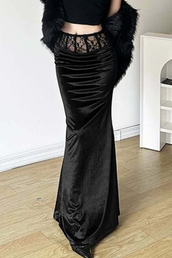 Gothic Velvet High Waist Pencil Maxi Skirt - Y2K Grunge, 90s Fashion, Retro Style