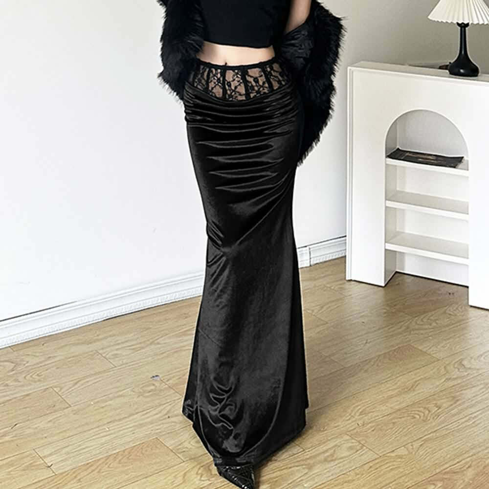 Gothic Velvet High Waist Pencil Maxi Skirt - Y2K Grunge, 90s Fashion, Retro Style