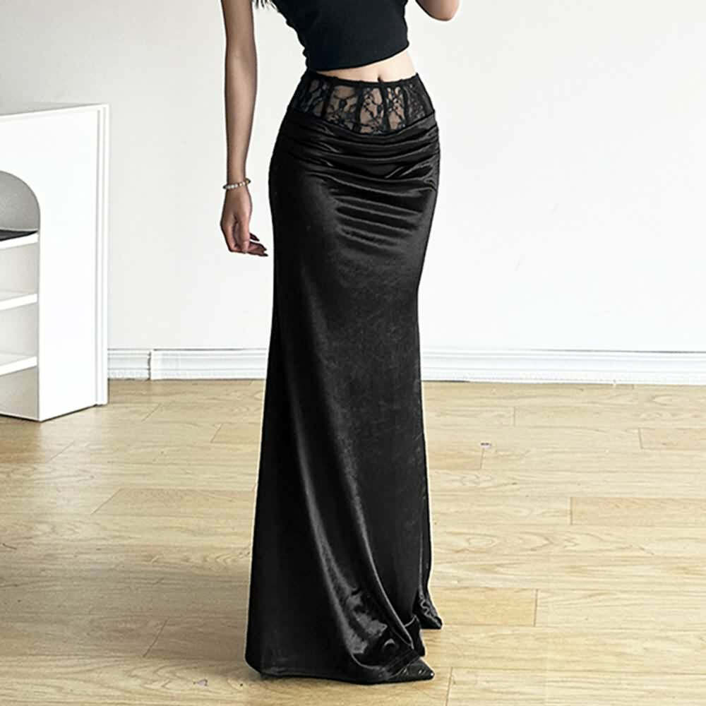Gothic Velvet High Waist Pencil Maxi Skirt - Y2K Grunge, 90s Fashion, Retro Style