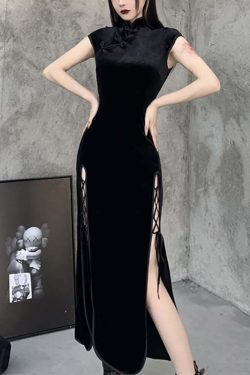 Gothic Velvet Slit Cheongsam Dress - Y2K Grunge, 90s Retro, Summer Party Outfit