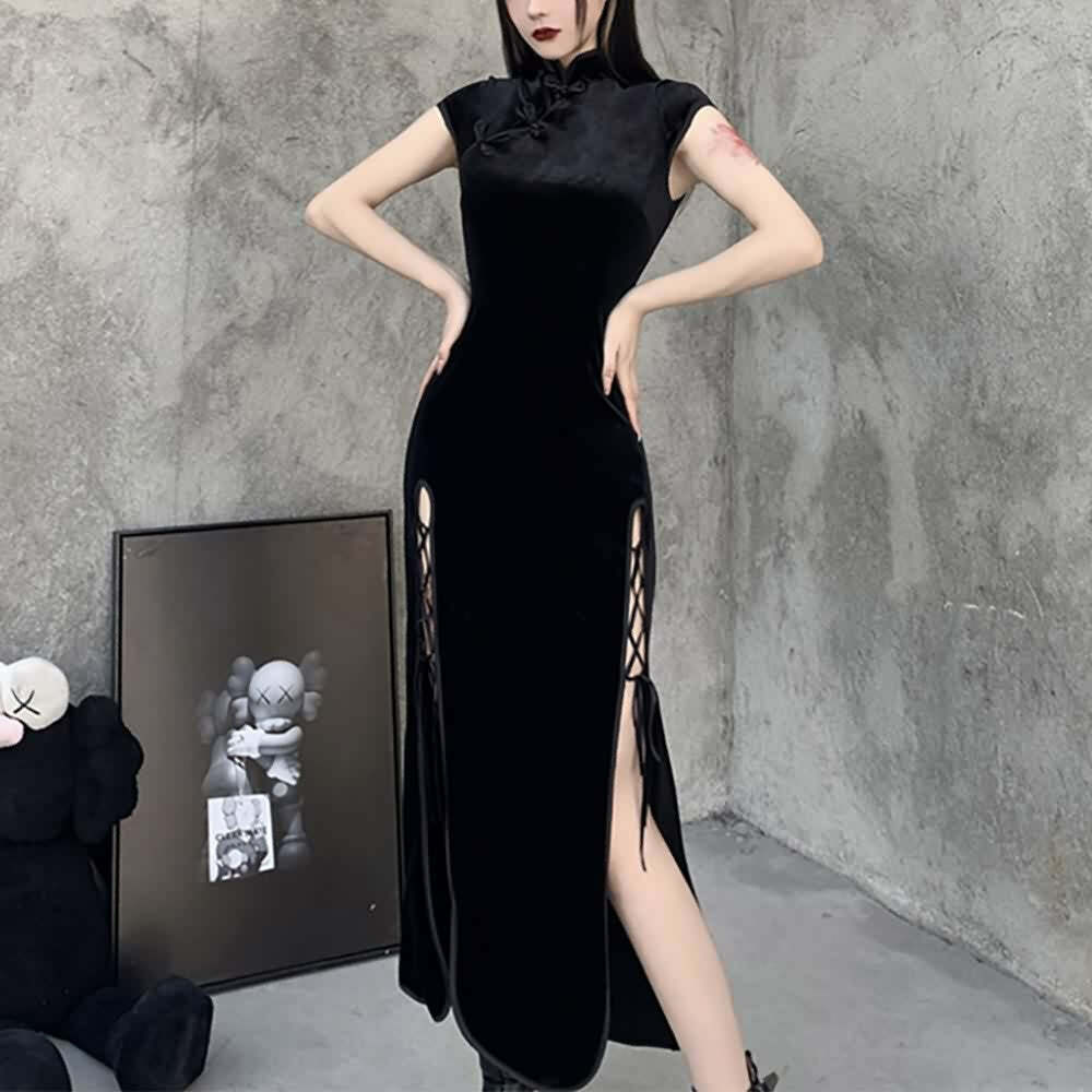 Gothic Velvet Slit Cheongsam Dress - Y2K Grunge, 90s Retro, Summer Party Outfit