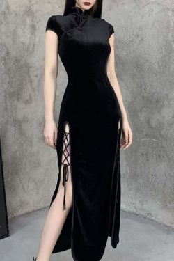 Gothic Velvet Slit Cheongsam Dress - Y2K Grunge, 90s Retro, Summer Party Outfit