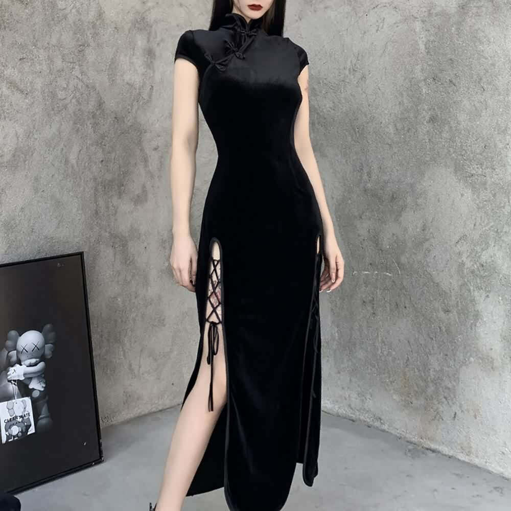 Gothic Velvet Slit Cheongsam Dress - Y2K Grunge, 90s Retro, Summer Party Outfit