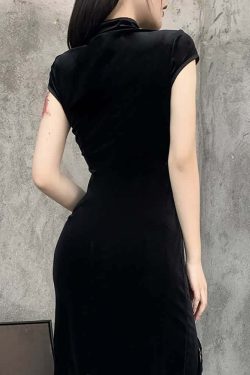 Gothic Velvet Slit Cheongsam Dress - Y2K Grunge, 90s Retro, Summer Party Outfit