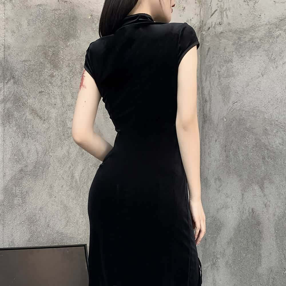 Gothic Velvet Slit Cheongsam Dress - Y2K Grunge, 90s Retro, Summer Party Outfit