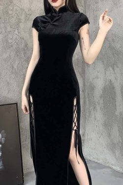Gothic Velvet Slit Cheongsam Dress - Y2K Grunge, 90s Retro, Summer Party Outfit