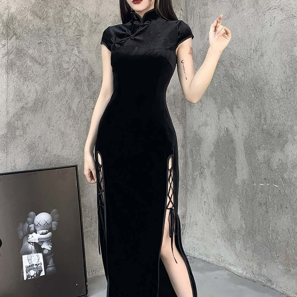 Gothic Velvet Slit Cheongsam Dress - Y2K Grunge, 90s Retro, Summer Party Outfit