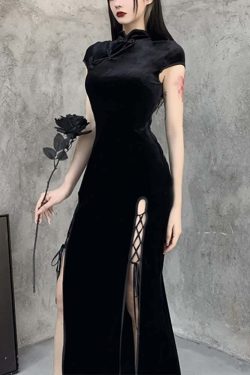Gothic Velvet Slit Cheongsam Dress - Y2K Grunge, 90s Retro, Summer Party Outfit