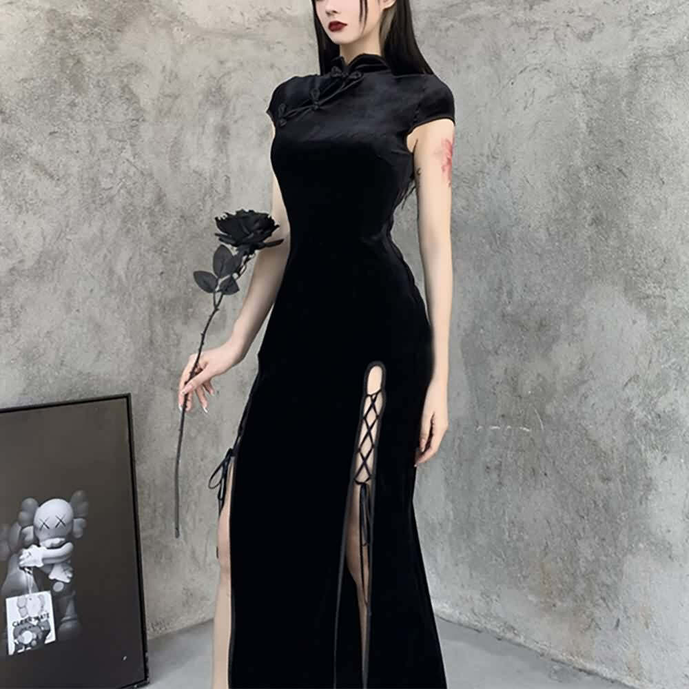 Gothic Velvet Slit Cheongsam Dress - Y2K Grunge, 90s Retro, Summer Party Outfit