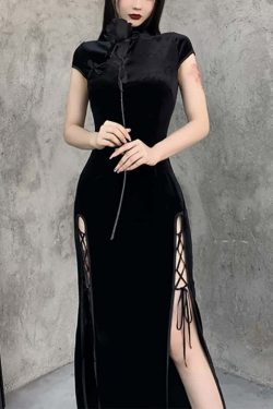 Gothic Velvet Slit Cheongsam Dress - Y2K Grunge, 90s Retro, Summer Party Outfit