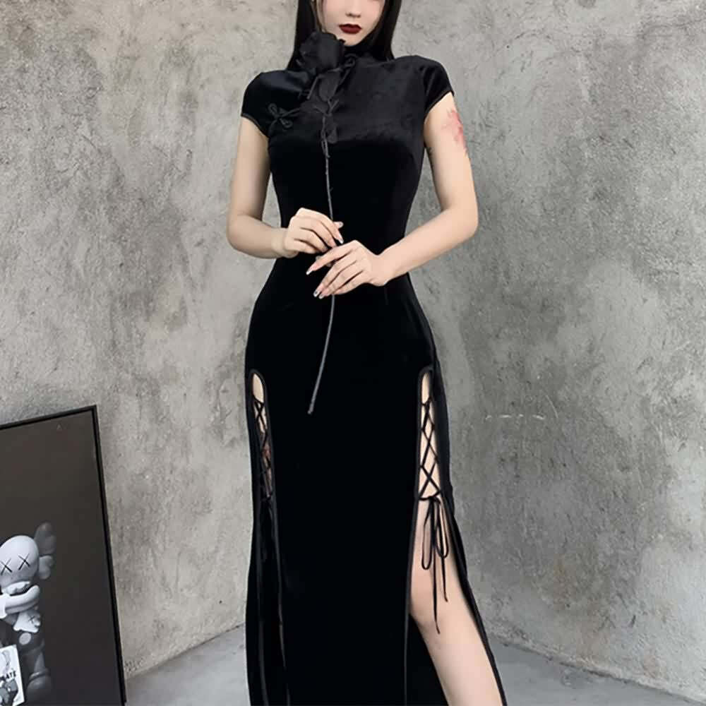 Gothic Velvet Slit Cheongsam Dress - Y2K Grunge, 90s Retro, Summer Party Outfit