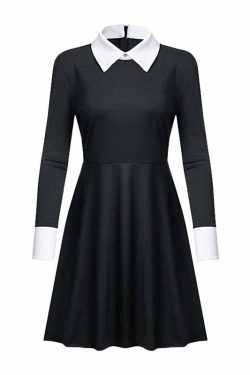 Gothic Wednesday Dress Long Sleeves - Y2K Grunge, 90s Fashion, Retro Style, Pastel Goth Outfit