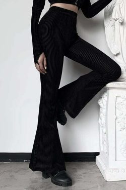 Gothic Widow Ribbed Velvet Flare Pants - Y2K Grunge, 90s Fashion, Retro Style, Dark Y2K Out
