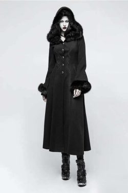 Gothic Winter Glamour Long Coat - Y2K Grunge, 90s Fashion, Retro Style, Dark Y2K, Pastel