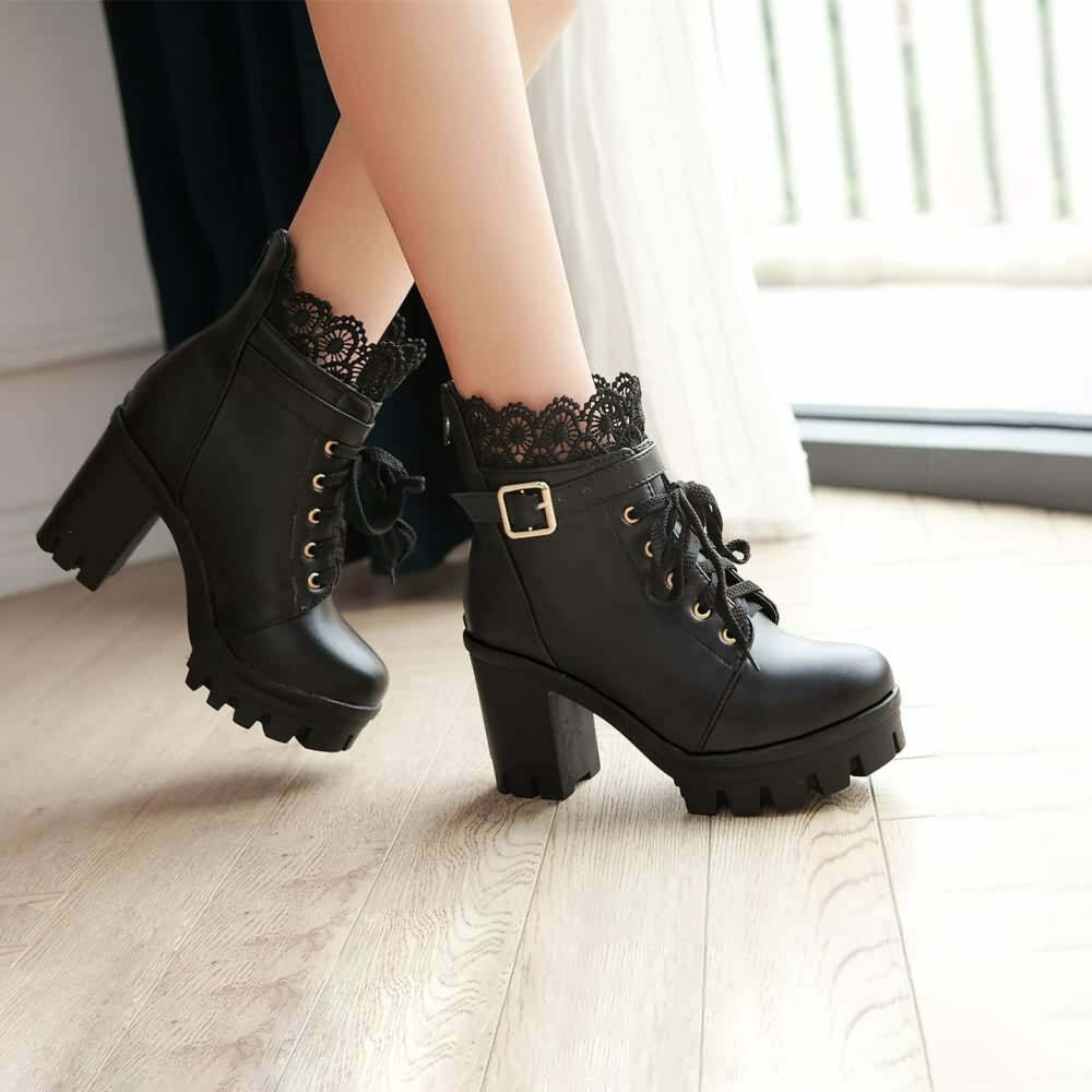 Gothic Y2K Buckle Strap Lace Platform Boots - Retro 90s Grunge Fashion for Y2K Outfits