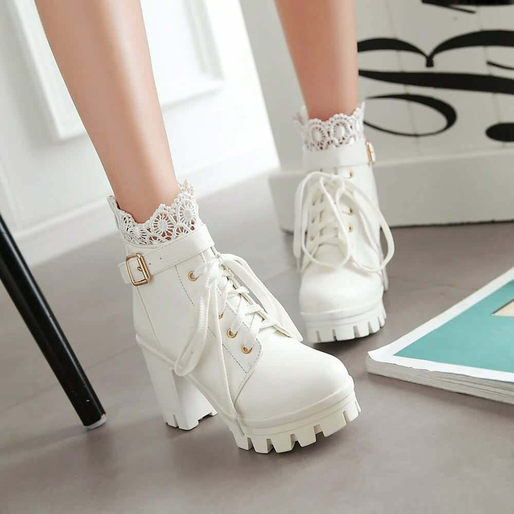 Gothic Y2K Buckle Strap Lace Platform Boots - Retro 90s Grunge Fashion for Y2K Outfits