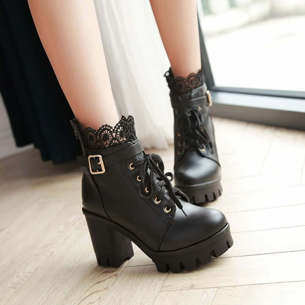 Gothic Y2K Buckle Strap Lace Platform Boots - Retro 90s Grunge Fashion for Y2K Outfits