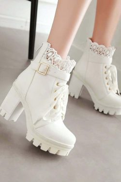 Gothic Y2K Buckle Strap Lace Platform Boots - Retro 90s Grunge Fashion for Y2K Outfits