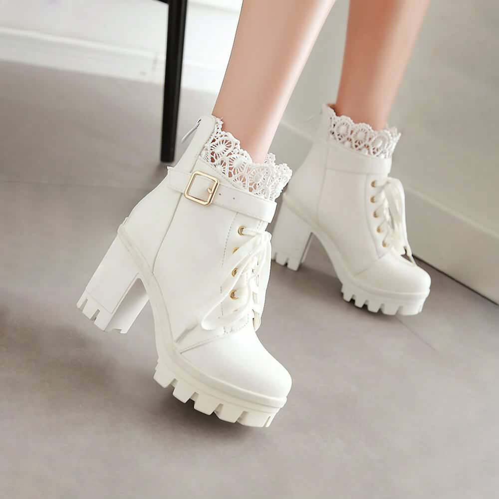 Gothic Y2K Buckle Strap Lace Platform Boots - Retro 90s Grunge Fashion for Y2K Outfits
