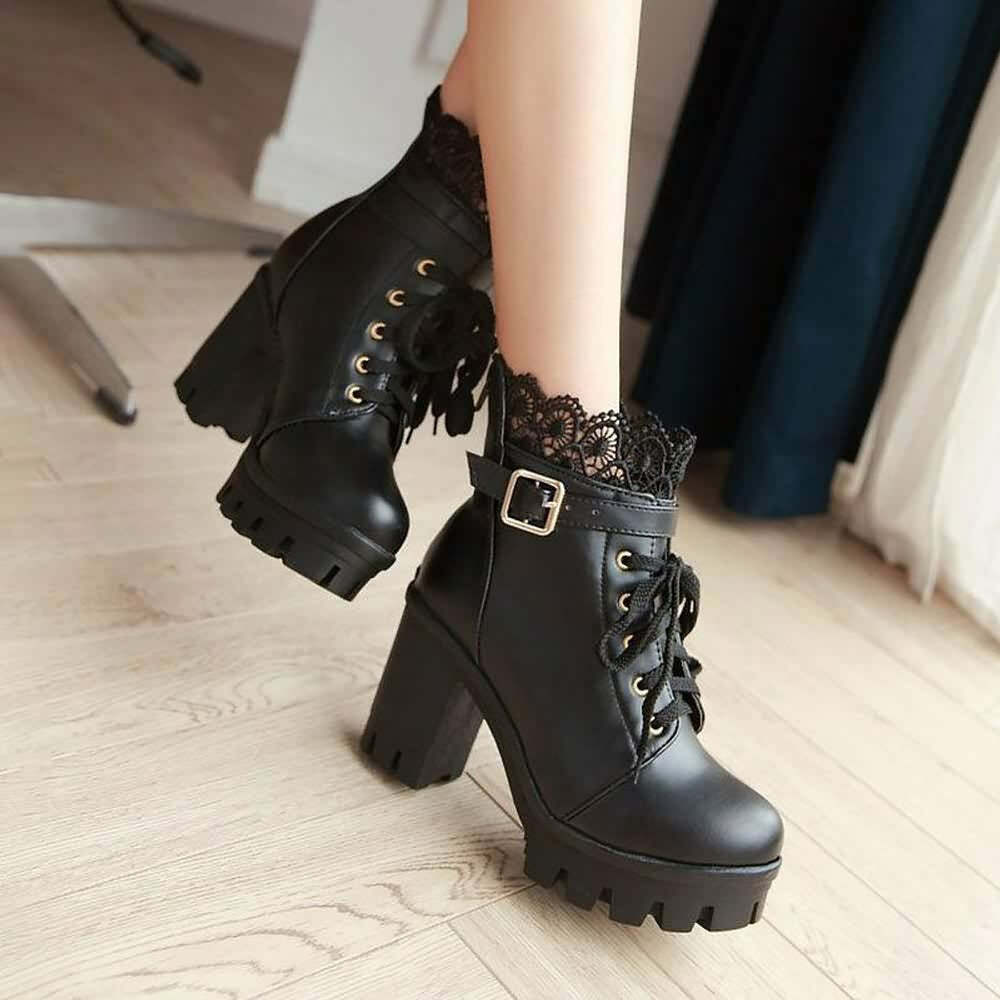 Gothic Y2K Buckle Strap Lace Platform Boots - Retro 90s Grunge Fashion for Y2K Outfits