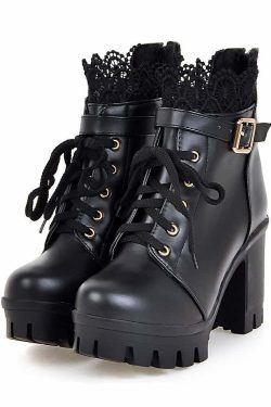 Gothic Y2K Buckle Strap Lace Platform Boots - Retro 90s Grunge Fashion for Y2K Outfits